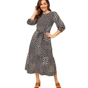 Noni B Dress Womens Size Medium Tall Patterned Belted Tiered Crew Neck Midi